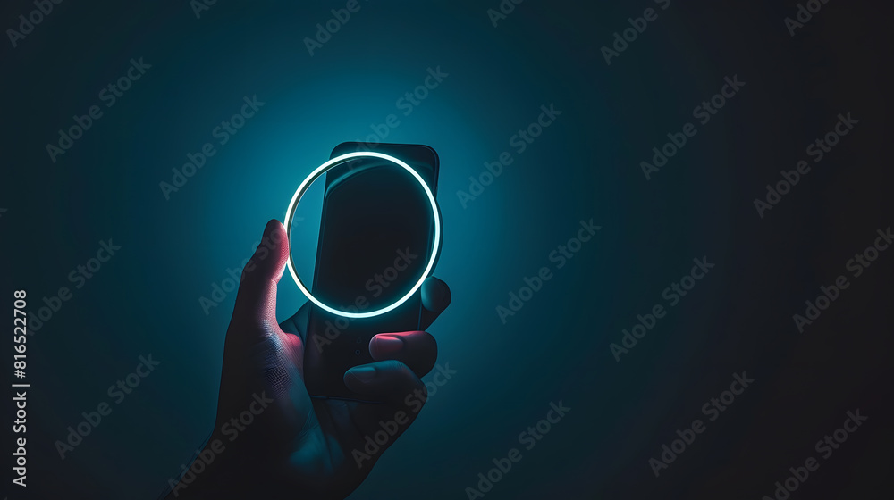 Poster phone in hand silhouette of male hand holding bezelless smartphone with futuristic neon light circle