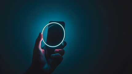 Phone in hand Silhouette of male hand holding bezelless smartphone with futuristic neon light circle on dark background Screen is cut with clipping path : Generative AI