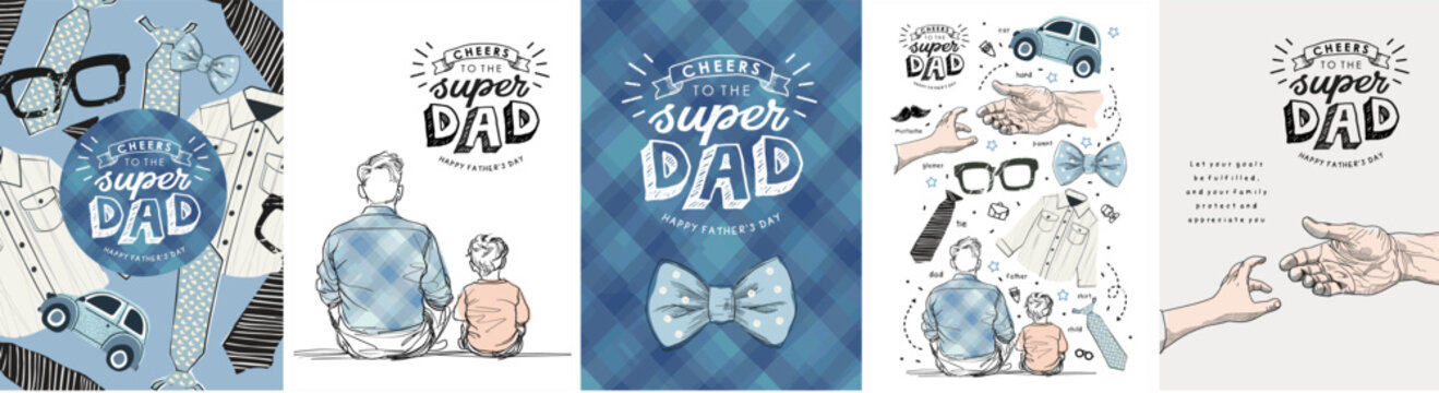 Happy Father's Day. Line art. Vector minimalistic cute illustrations of dad and son, baby and father's hands, logo, plaid fabric for background and pattern for greeting card, postcard, poster or flyer