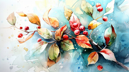 Watercolor Painting of Leaves and Berries