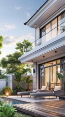 Vertical Image Of A Modern Two-Story House With A Swimming Pool In Front Of It.