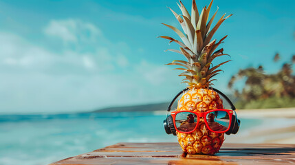 A pineapple with sunglasses on the beach, with a blue sky and white sand background. Summer holiday concept. Copy space area for text