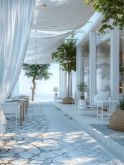 An outdoor walkway of a seaside cafe with cobblestone path, drapes, and modern furniture