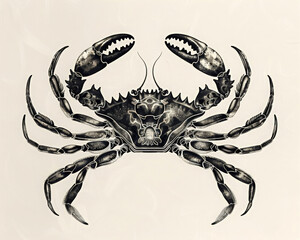 Black Crab silhouette with graphic pattern. Marine-themed tattoo design. Print for clothes. stylized shape silhouette Crab logo. Marine animals, the underwater world. World ocean day.