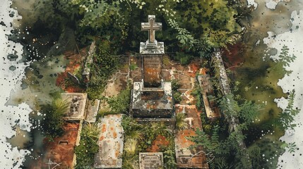 Fototapeta premium Illustrate the emotional depth of a rain-kissed gravestone from above Show natures sorrow merging with the mourners grief using a blend of watercolors