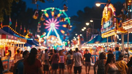 Evening ambience with illuminated ferris wheel and bustling fairground visitors