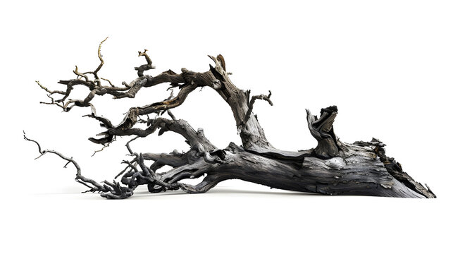 Dry branch of big dead tree with cracked dark bark stem Beautiful old tree isolated on white background Single old and dead tree on nature Alone wooden trunk forest in fall season chan : Generative AI