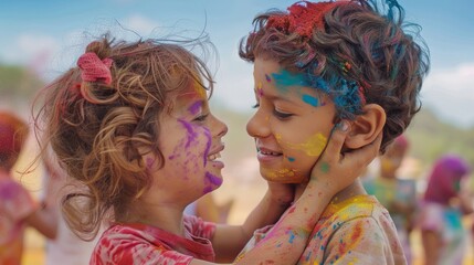 Two young children are shown from the back, playing and covered in colorful powder at a Holi festival, with their faces anonymized