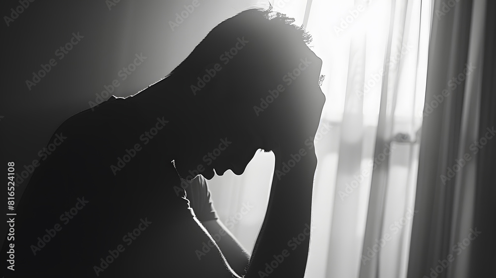 Poster Monochrome photo of a depressed man silhouetted by the light of a window and holding his head in his hands : Generative AI