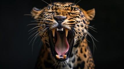 A captivating stock photo showcasing the raw power of a leopard's mouth, captured in stunning detail against a black background, making it perfect for a high-quality 4K wallpaper. 