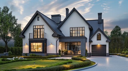 A white house with a black garage door.