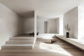 a white room with some stairs and a plant