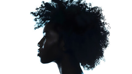 Hair silhouette and profile of black woman with afro hairstyle beauty and skincare on white...