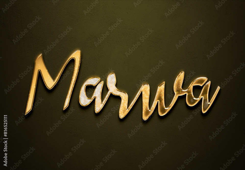 Sticker old gold text effect of arabic name marwa with 3d glossy style mockup