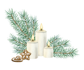 White candles with green pine branches and gingerbread cookies watercolor isolated illustration for Christmas and New Year holiday greeting cards in vintage style and colors