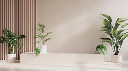 A Living Room With A Circle Podium And A Verdant Plant In Pot.