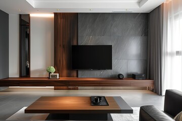 a modern living room with a large tv on the wall