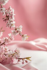 Soft cherry blossoms resting on flowing pink silk fabric, creating a gentle and romantic visual perfect for springtime.
