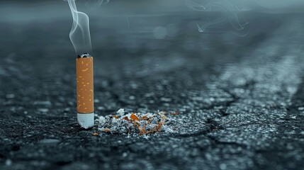 A cigarette left on the wet ground during a rainy day, symbolizing negligence. Dark and moody background with visible smoke. Generative AI