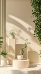 Vertical Image Of A Living Room With A Circle Podium And A Verdant Plant In Pot.