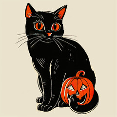 Halloween banner with tradition symbols. Black cat illustration.