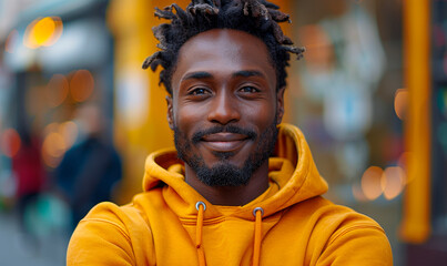 Fototapeta premium Smiling Young African American Man with Beard in Casual Yellow Sweatshirt, Arms Crossed in an Urban Setting