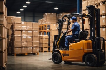 Warehouse worker driver wearing safety suit loading cardboard boxes with forklift in warehouse