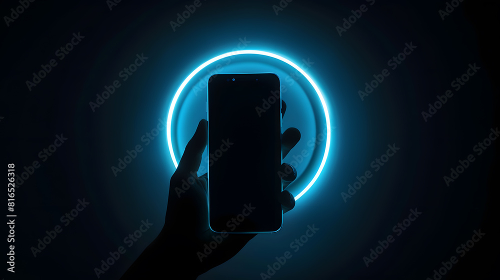 Poster phone in hand silhouette of male hand holding bezelless smartphone with futuristic neon light circle