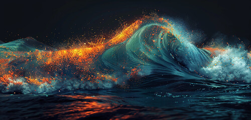 Vibrant coral wave with particles on dark background.