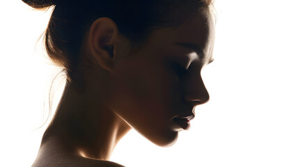 profile silhouette of a pensive girl a young sad woman lowered her head down on a white isolated background : Generative AI