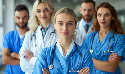 Fototapeta premium Confident Team of Healthcare Professionals in Hospital Setting, Doctors and Nurses Ready to Serve