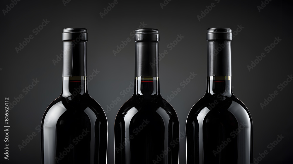 Poster Three bottles of red wine dark glass bottle without label mock up black background with copy paste : Generative AI