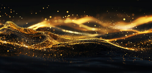 Intense gold glowing wave with particles in dark.