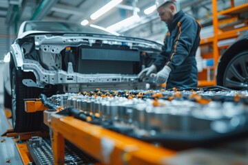 Electric vehicle battery installation by technician in factory