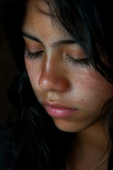 Fototapeta premium Close-up portrait of a young woman with her eyes closed. AI.