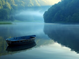 A lone boat sits on a still lake, surrounded by trees and mist. AI.