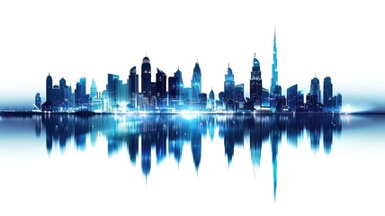 Naklejka premium A city skyline is reflected in the water