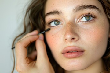 Close-up of a young woman applying mascara for a natural look