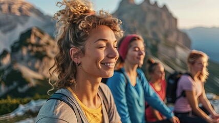 A group of women are sitting on a mountain top, smiling and enjoying the view