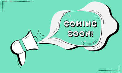 Coming soon. Loudspeaker alert message. Promotion banner sign. New product release symbol. Yellow background with megaphone. Announce promotion offer. Coming soon bubble. Vector