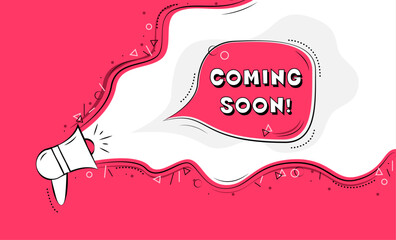 Coming soon. Loudspeaker alert message. Promotion banner sign. New product release symbol. Yellow background with megaphone. Announce promotion offer. Coming soon bubble. Vector