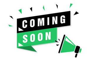 Male hand holding megaphone with Coming soon speech bubble. Loudspeaker. Banner for business, marketing and advertising. Vector illustration.