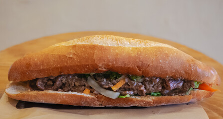 Banh mi. Vietnamese sandwich close-up, side view, selective focus.