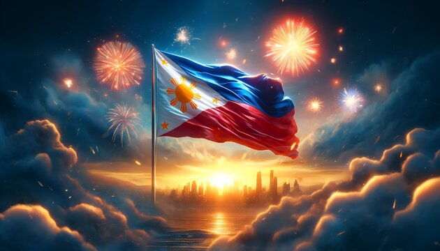 Philippines Independence Day background with waving flag and fireworks.