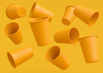 Set of plastic disposable party cup for juice, fresh, beer on monochrome yellow