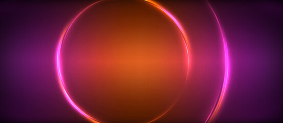Neon glowing circle rays, light round lines in the dark, planet style neon wave lines. Energetic electric concept design for wallpaper, banner, background