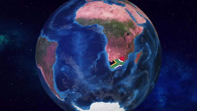 Realistic 3D Animation of Earth zooming into South Africa with its border highlighted with its National Flag in 4K