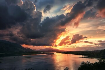 in mountains with clouds and river wide angle image