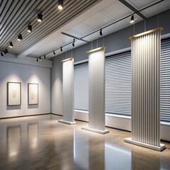 A minimalist museum concept with a 3D rendering of empty walls, linear blinds, and mock-up banners on a gallery wall, ideal for showcasing art and exhibitions in a simulated environment.