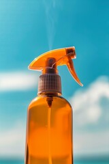 orange blank sunscreen spray bottle blue sunny sky in the background